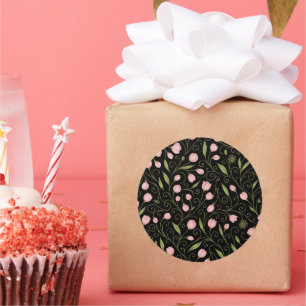 Sticker Rond Fleur mignonne, rose sur noir avec motif répétitif