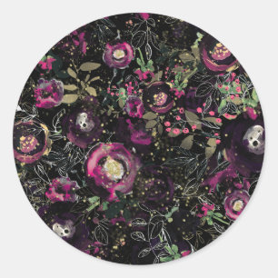Sticker Rond Fleur Moderne Étincelante de Prune de Baie Sombre 