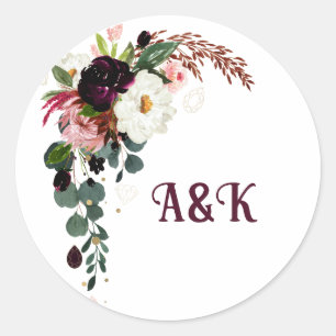 Sticker Rond Fleur  MONOGRAMME boho bordeaux bouquet  