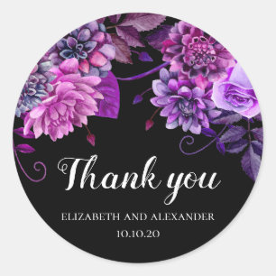 Sticker Rond Fleur noire et violette merci. Fleurs de mariage