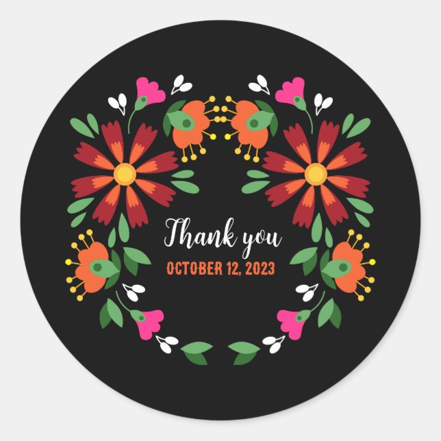 Sticker Rond Fleur noire ethnique Fiesta mexicaine Broderie mex (Devant)