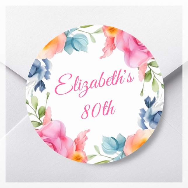 Sticker Rond Fleur rose 80e anniversaire Fête Faveur (Créateur téléchargé)