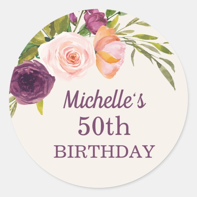 Sticker Rond Fleur rose blush violet Crème 50e anniversaire (Devant)