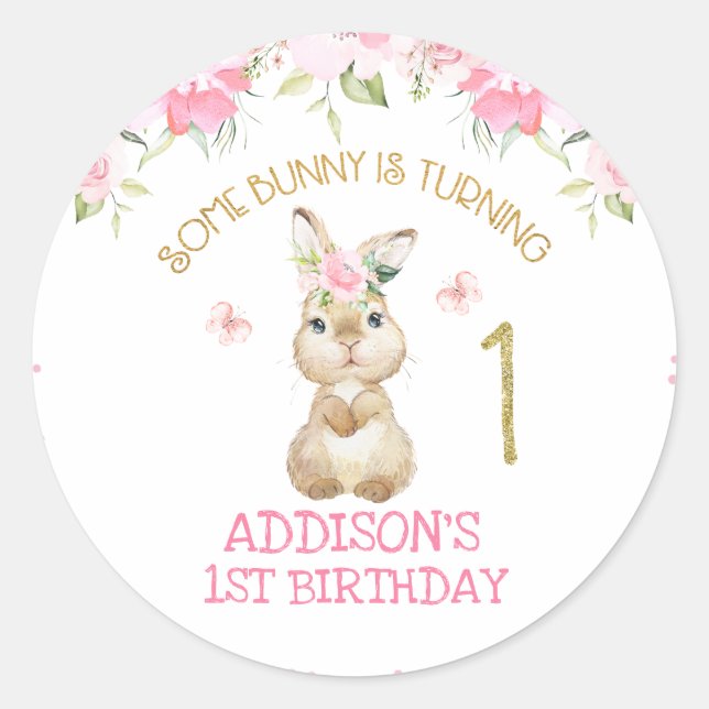 Sticker Rond Fleur rose Bunny Or Bunny un premier anniversaire (Devant)