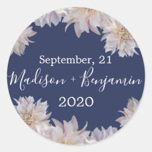 Sticker Rond Fleur rose Dahlia bleu foncé Mariage Date