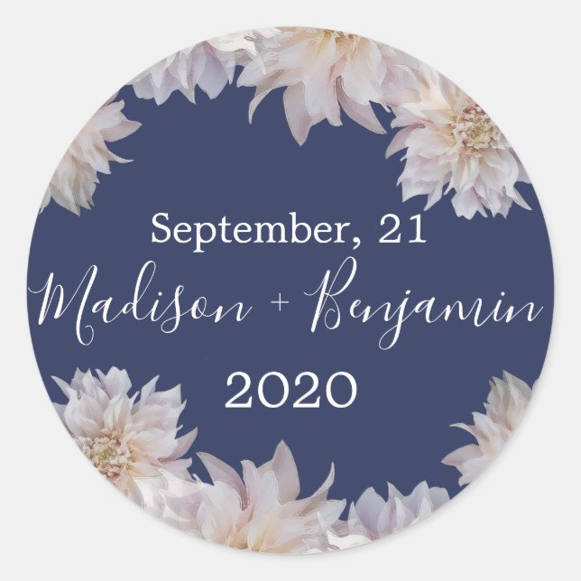 Sticker Rond Fleur rose Dahlia bleu foncé Mariage Date (Devant)