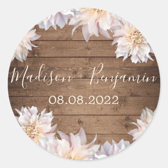 Sticker Rond Fleur rose Dahlia Mariage en bois rustique Date (Devant)