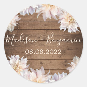 Sticker Rond Fleur rose Dahlia Mariage en bois rustique Date
