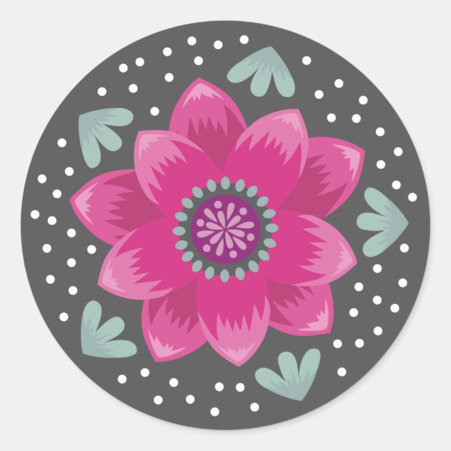 Sticker Rond Fleur rose de l'art populaire (Devant)