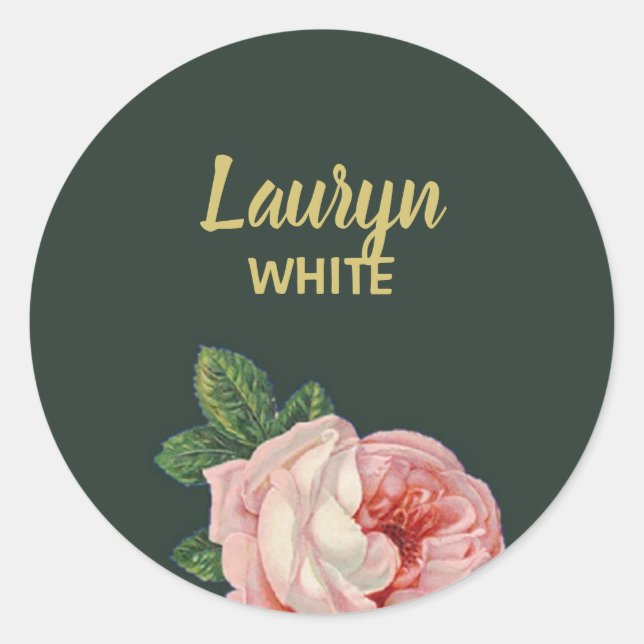 Sticker Rond Fleur rose et feuilles sur vert foncé (Devant)