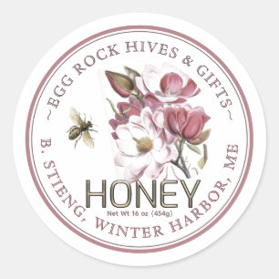 Sticker Rond Fleur rose Magnolia Editable Miel Jar Bee Étiquett