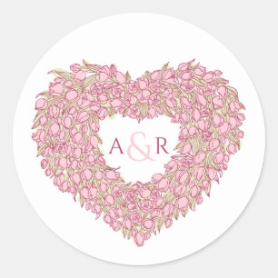 Sticker Rond Fleur rose mariage tulipes coeur bouquet monogramm