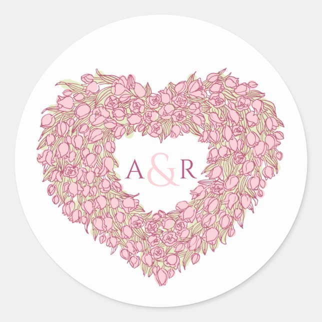 Sticker Rond Fleur rose mariage tulipes coeur bouquet monogramm (Devant)