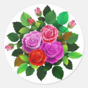 Sticker Rond Fleur Rose Rouge, Rose Et Violet