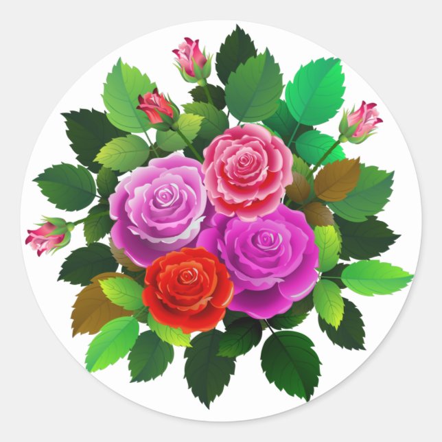 Sticker Rond Fleur Rose Rouge, Rose Et Violet (Devant)