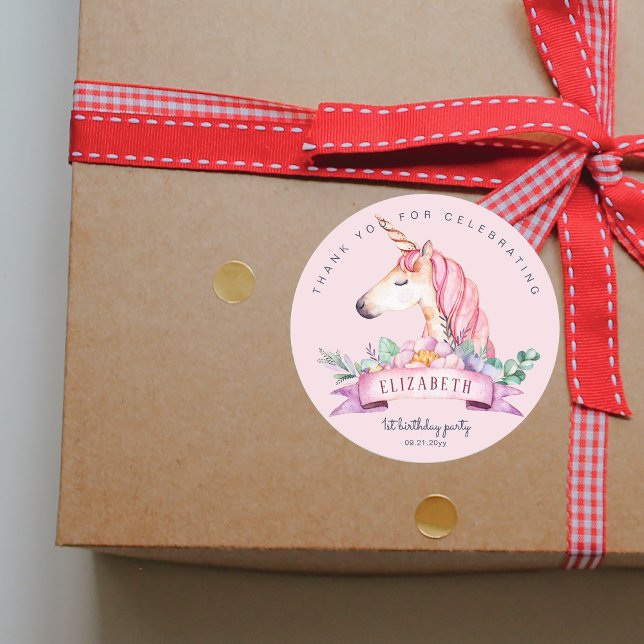 Sticker Rond Fleur rose Unicorn Girl Cadeau Anniversaire (Pink Flower Unicorn Girl Birthday Gift Classic Round Sticker)