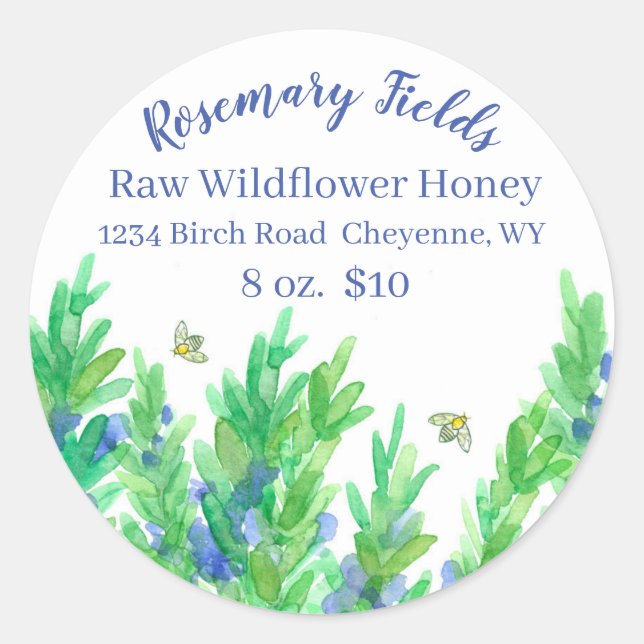 Sticker Rond Fleur Rosemary Herb Bees Miel à vendre (Devant)
