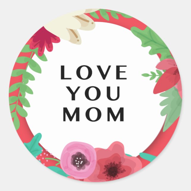 Sticker Rond Fleur rouge joyeux J'aime maman pour la journée de (Devant)