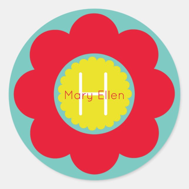 Sticker Rond Fleur rouge vif et jaune sur Monogramme Turquoise (Devant)