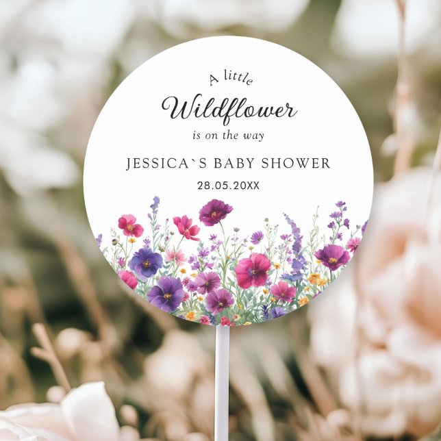 Sticker Rond Fleur sauvage, Baby shower à fleurs violettes (Personalized, Wildflower, Purple-Pink-Flower Baby Shower Classic Round Sticker with your Name & Date)