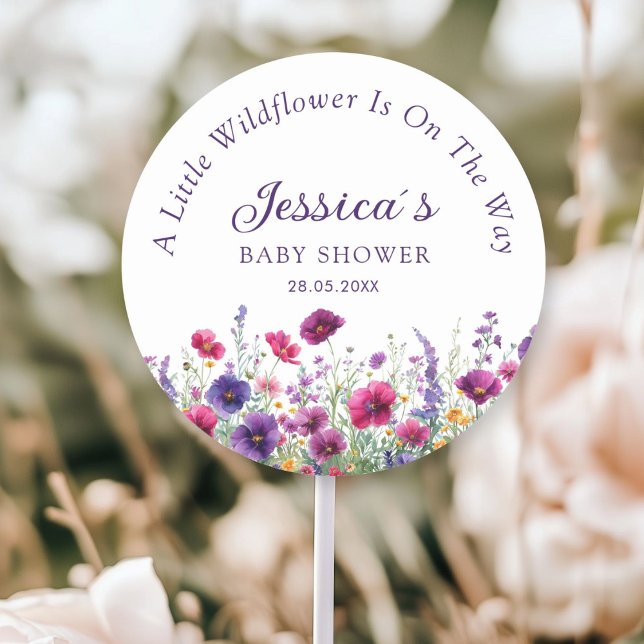 Sticker Rond Fleur sauvage, Baby shower à fleurs violettes (Personalized, Wildflower, Purple-Pink-Flower Baby Shower Classic Round Sticker with your Name & Date)