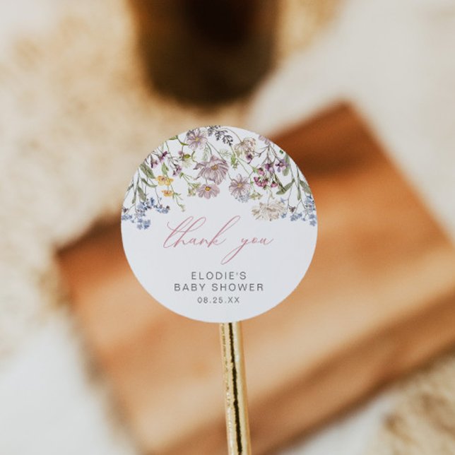 Sticker rond fleur sauvage Baby shower rose floral (Créateur téléchargé)