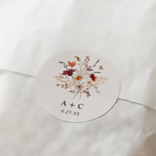 Sticker Rond Fleur sauvage Boho Automne Bourgogne Mariage rouil