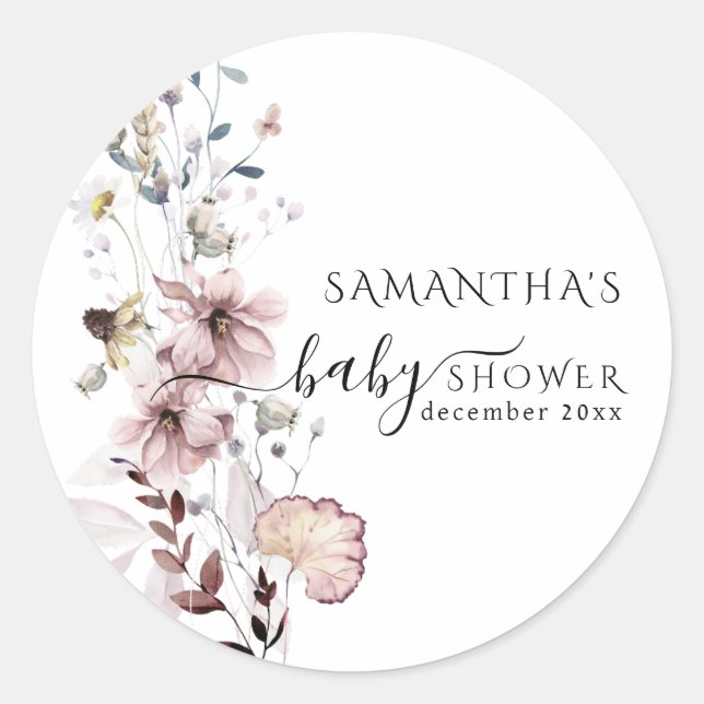 Sticker Rond Fleur sauvage boho Baby shower moderne minimal (Devant)