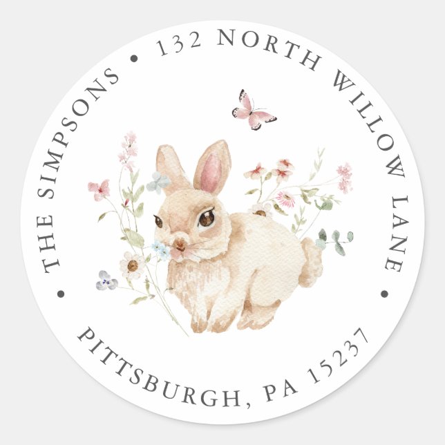 Sticker Rond Fleur sauvage Bunny Rabbit Adresse de retour (Devant)