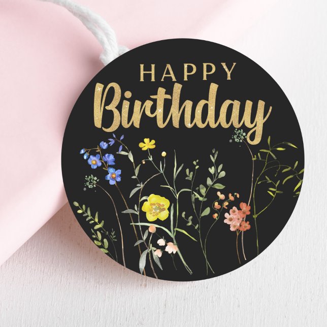 Sticker rond Fleur sauvage d'anniversaire élégant (Elegant Happy Birthday Wildflowers Round Sticker Mockup 1)