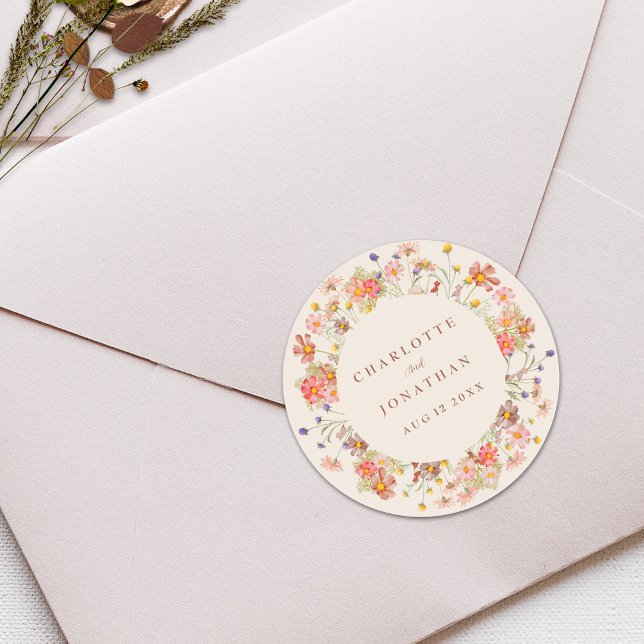 Sticker Rond Fleur sauvage d'automne Boho Mariage personnalisé (Boho fall wildflower rustic floral beige burnt orange terracotta personalized wedding stickers)
