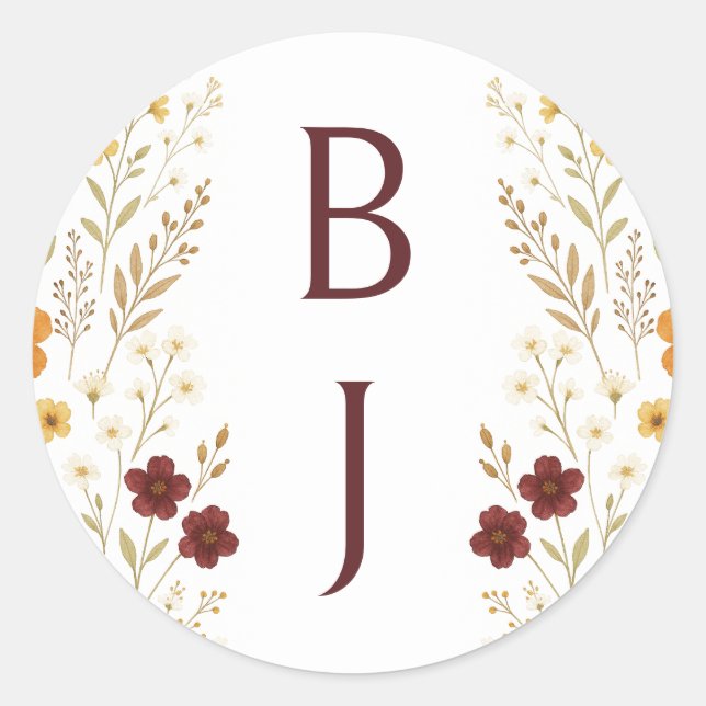 Sticker Rond Fleur sauvage d'automne Boho Monogram Mariage (Devant)