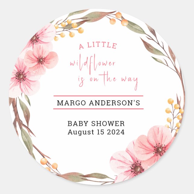 Sticker Rond Fleur sauvage est sur le chemin Baby shower rose (Devant)