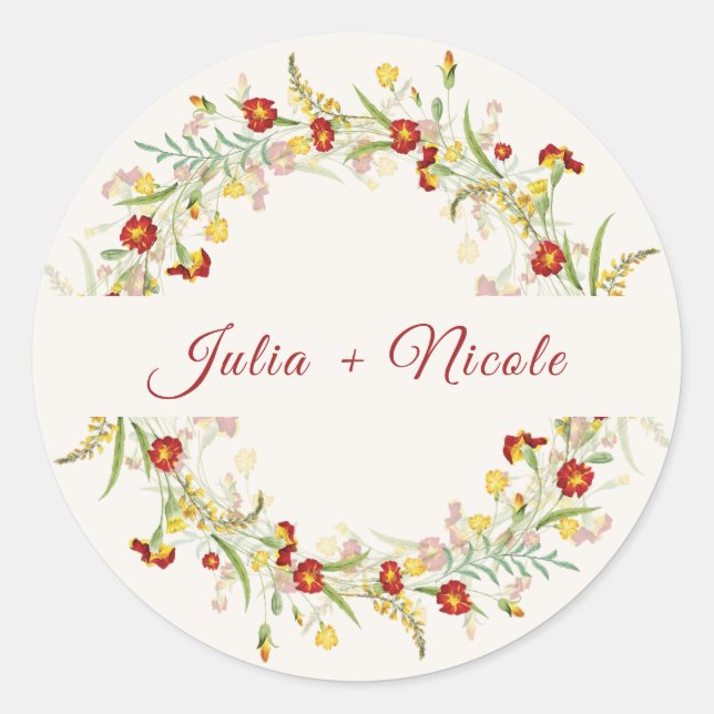 Sticker Rond Fleur sauvage Jaune Marigold Mariage de feuillage (Devant)