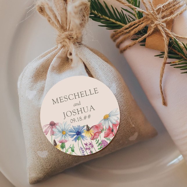 Sticker Rond Fleur sauvage Mariage mariée  fille pays Flower (Wedding Stickers with bride and groom name - great for favors and ..)