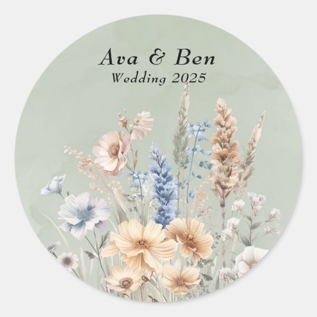 Sticker Rond Fleur sauvage Mariage Sage Green Dusty (Devant)
