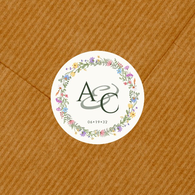 Sticker Rond Fleur sauvage moderne Russe Mariage Monogramme (Créateur téléchargé)
