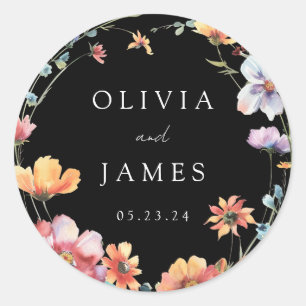 Sticker Rond Fleur sauvage noir Mariage d'été Wreath