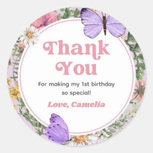 Sticker Rond Fleur sauvage papillon Anniversaire Merci