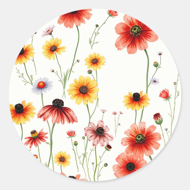 Sticker Rond Fleur sauvage romantique avec des pavots et des pâ (Devant)
