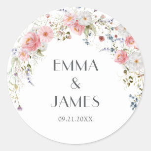 Sticker Rond Fleur sauvage  rose blanc Mariage