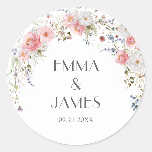 Sticker Rond Fleur sauvage  rose blanc Mariage (Devant)