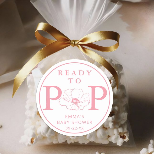 Sticker Rond Fleur Sauvage Rose Poussiéreux Prête à Éclore Show (Ready To Pop - Pink Baby Shower Sticker)
