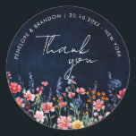 Sticker Rond Fleur sauvage Rustic Country Boho Mariage merci<br><div class="desc">Célébrez votre amour avec ce mariage vibrant merci avec un design fleur sauvage aquarelle dans les tons rose, violet et vert. Parfait pour les mariages de jardin, de printemps ou de style rustique, cet invitation d'inspiration nature allie délicats accents floraux à une typographie élégante, créant une touche fantaisiste et romantique....</div>