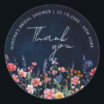 Sticker Rond Fleur sauvage Rustic Country Bridal douche merci<br><div class="desc">Célébrez votre amour avec cette douche nuptiale vibrante merci avec un design fleur sauvage aquarelle dans les tons rose, violet et vert. Parfait pour les mariages de jardin, de printemps ou de style rustique, cet invitation d'inspiration nature allie délicats accents floraux à une typographie élégante, créant une touche fantaisiste et...</div>