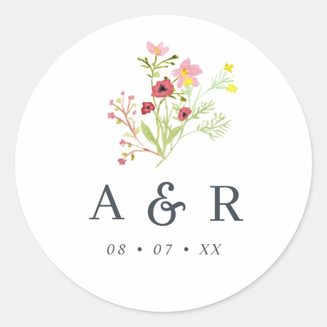 Sticker Rond Fleur sauvage rustique Mariage Monogram Classic Ro (Devant)