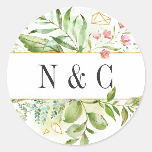 Sticker Rond Fleur sauvage vert feuillage Aquarelle Monogramme