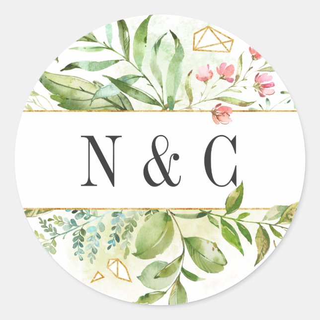 Sticker Rond Fleur sauvage vert feuillage Aquarelle Monogramme (Devant)