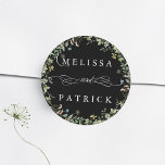 Sticker Rond Fleur sauvage Wreath Élégant mariage noir<br><div class="desc">Cet élégant autocollant de mariage comporte une couronne florale avec des fleurs sauvages d'aquarelle peints à la main en rose,  jaune et vert. Pour une personnalisation plus avancée de cette conception,  cliquez sur le BOUTON OUTIL DESIGN BLEU ci-dessus !</div>