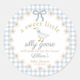 Sticker Rond Fleur Silly Goose en ruban Baby Shower Gingham ble